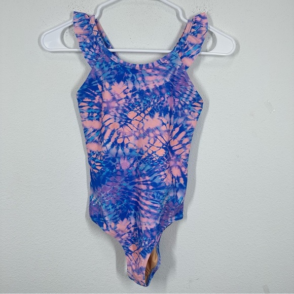 J. Crew Crewcuts Girls' tie-dye ruffle-strap one-piece swimsuit Blue Pink UPF - Picture 1 of 6